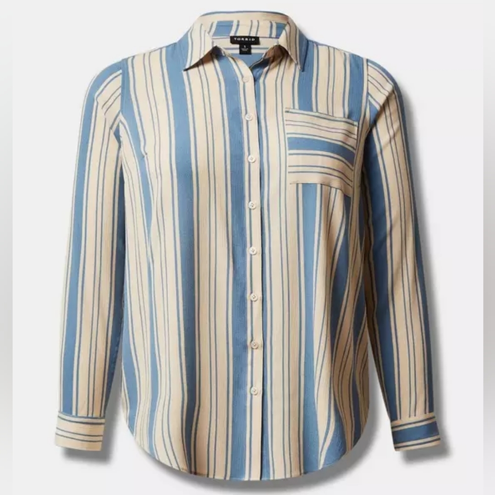 Torrid Blue and Beige Striped Long Sleeve Shirt
